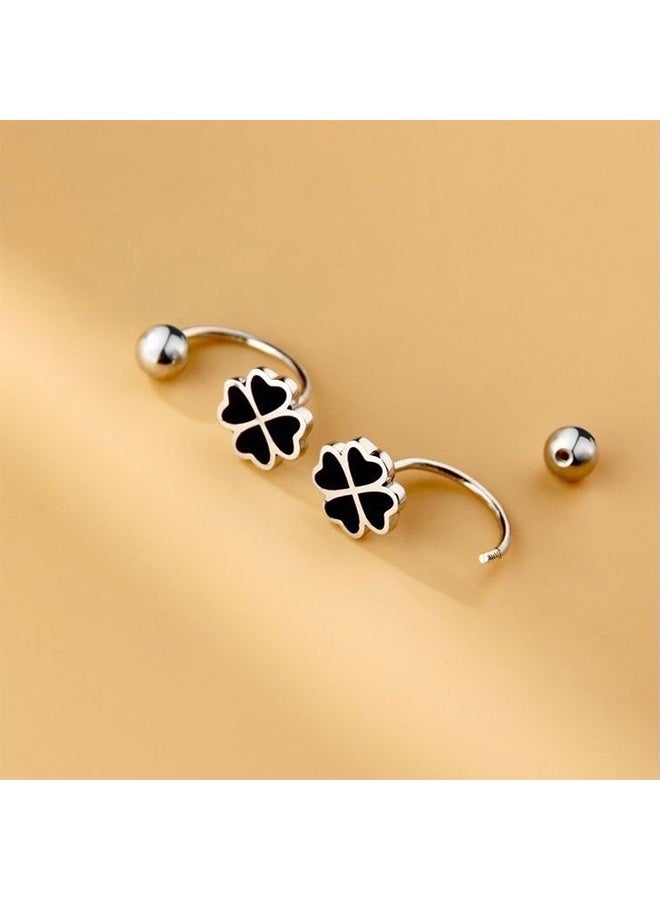 20G Four Leaf Clover Half Hoop Earrings 925 Sterling Silver Cartilage Screw Back Ball Tiny Studs Black Enamel Love Heart Flower Dangle Drop Helix Earring Cute Lucky Jewelry for Women Gifts - Image 4